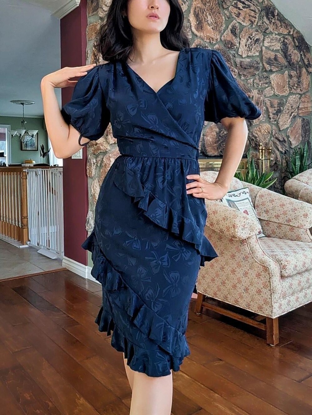 Albert Nipon Deep Navy Floral Wrap-Style Midi Dress